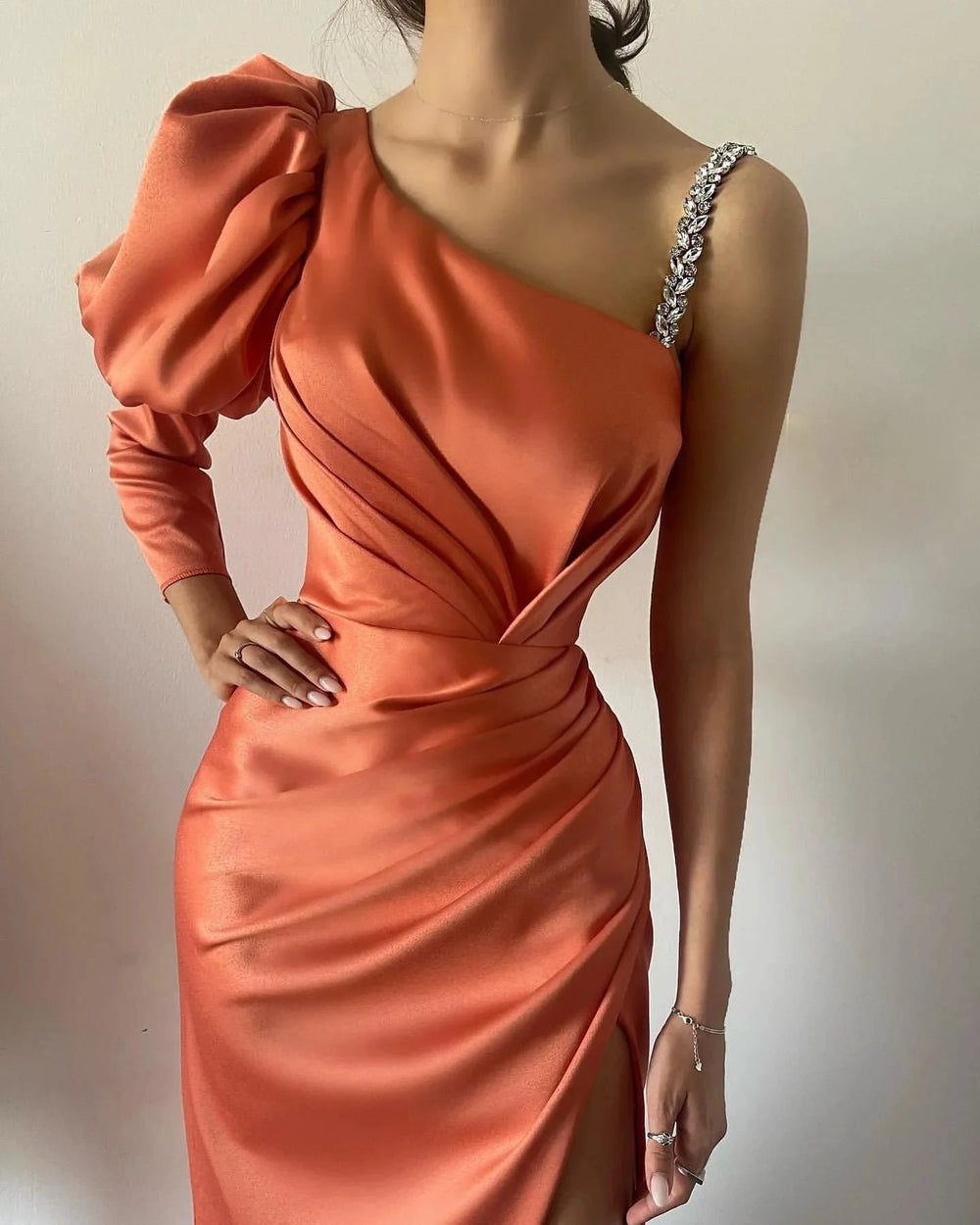 Elegant Long Column Split Front Prom Dresses With Long Sleeve by misshow.com
