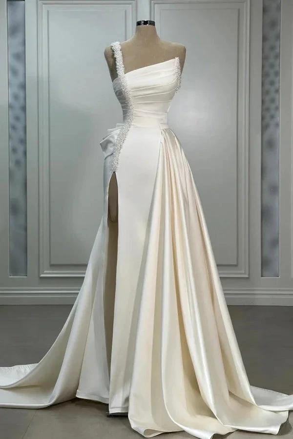 Elegant Long Ivory A-line One Shoulder Pearls Satin Sleeveless Wedding Dress with Slit by misshow.com