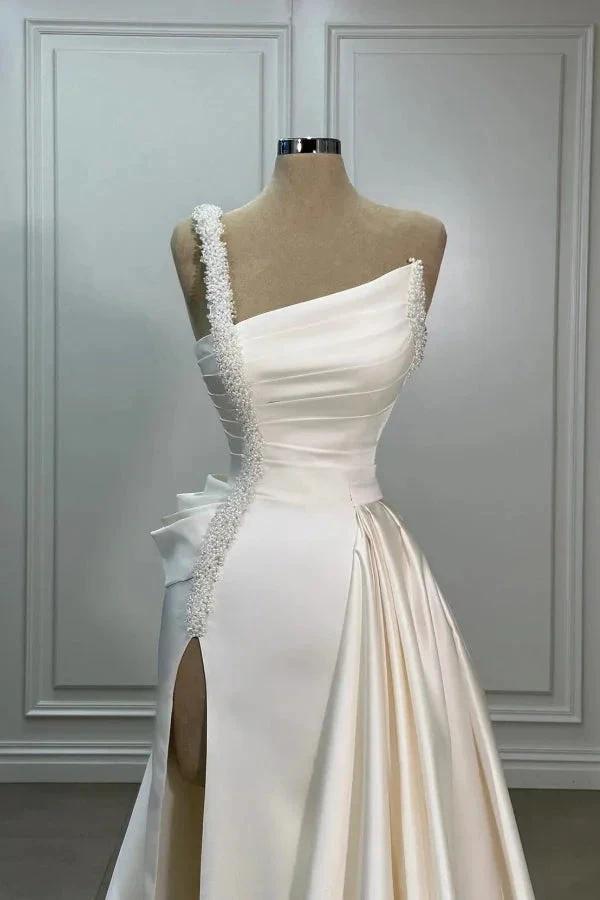 Elegant Long Ivory A-line One Shoulder Pearls Satin Sleeveless Wedding Dress with Slit by misshow.com