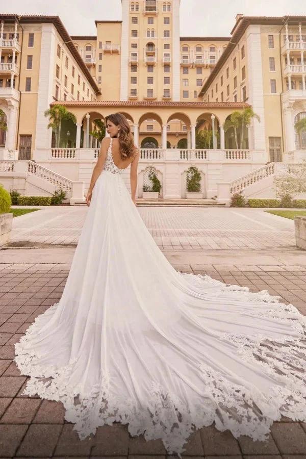 Elegant Long Ivory A-line Spaghetti Straps V-neck Lace Wedding Dress with Slit by misshow.com