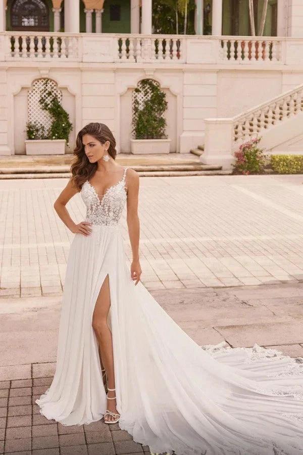 Elegant Long Ivory A-line Spaghetti Straps V-neck Lace Wedding Dress with Slit by misshow.com