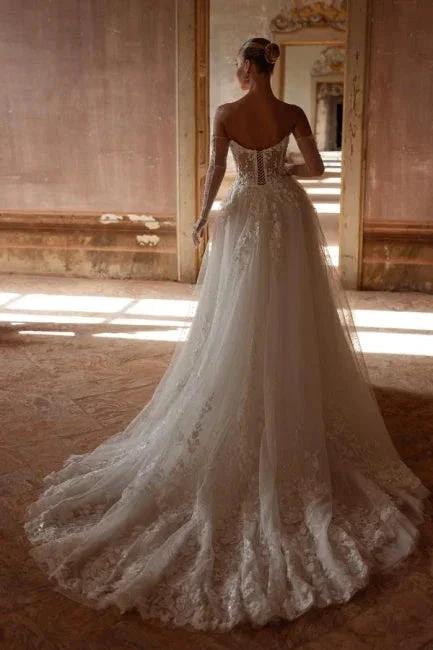 Elegant Long Ivory A-line Strapless Lace Sweetheart Wedding Dresses by misshow.com
