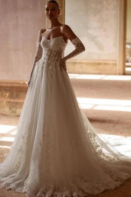 Elegant Long Ivory A-line Strapless Lace Sweetheart Wedding Dresses by misshow.com