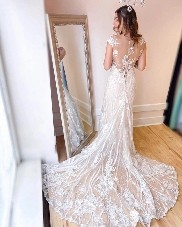 Elegant Long Mermaid Bateau Appliques Lace Backless Wedding Dress by BIZTUNNEL