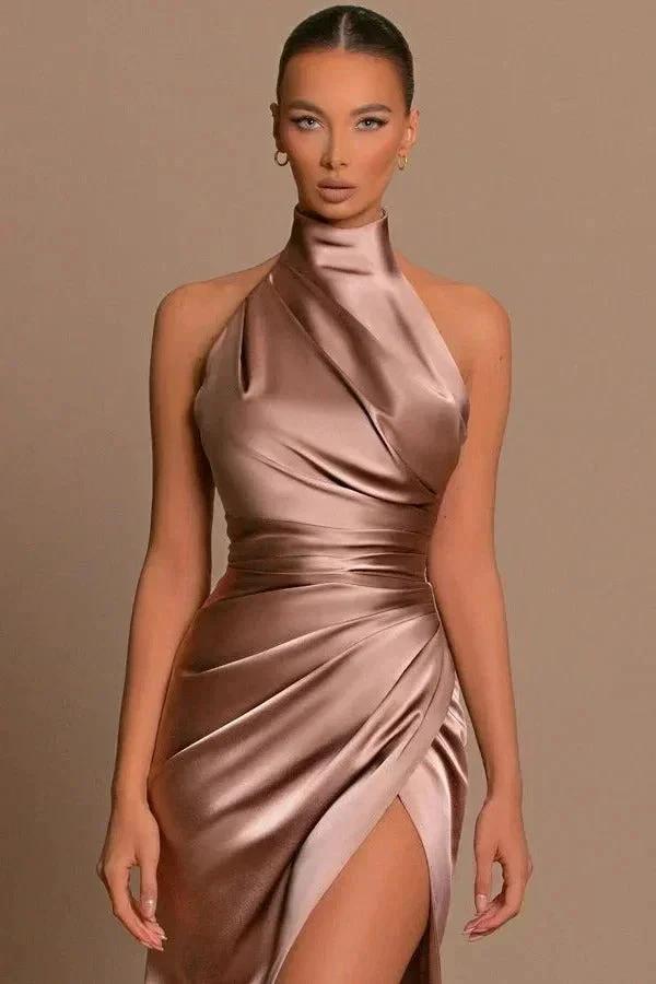Vestido Formal Elegante Longo de Sereia em Cetim com Gola Alta e Fenda