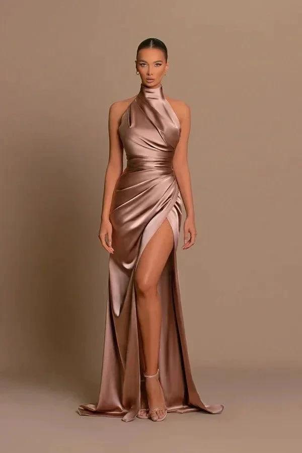 Vestido Formal Elegante Longo de Sereia em Cetim com Gola Alta e Fenda