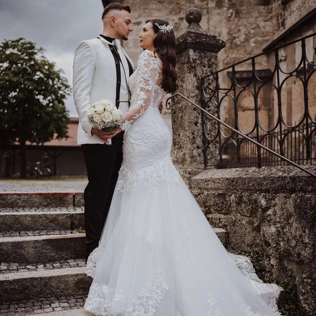 Elegant Long Mermaid Lace Open Back Wedding dresses with Sleeves by BIZTUNNEL