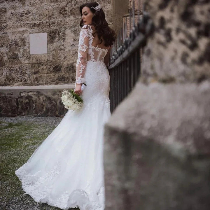 Elegant Long Mermaid Lace Open Back Wedding dresses with Sleeves by BIZTUNNEL