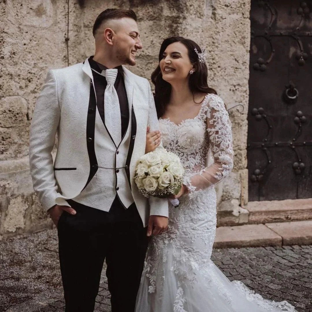 Elegant Long Mermaid Lace Open Back Wedding dresses with Sleeves by BIZTUNNEL