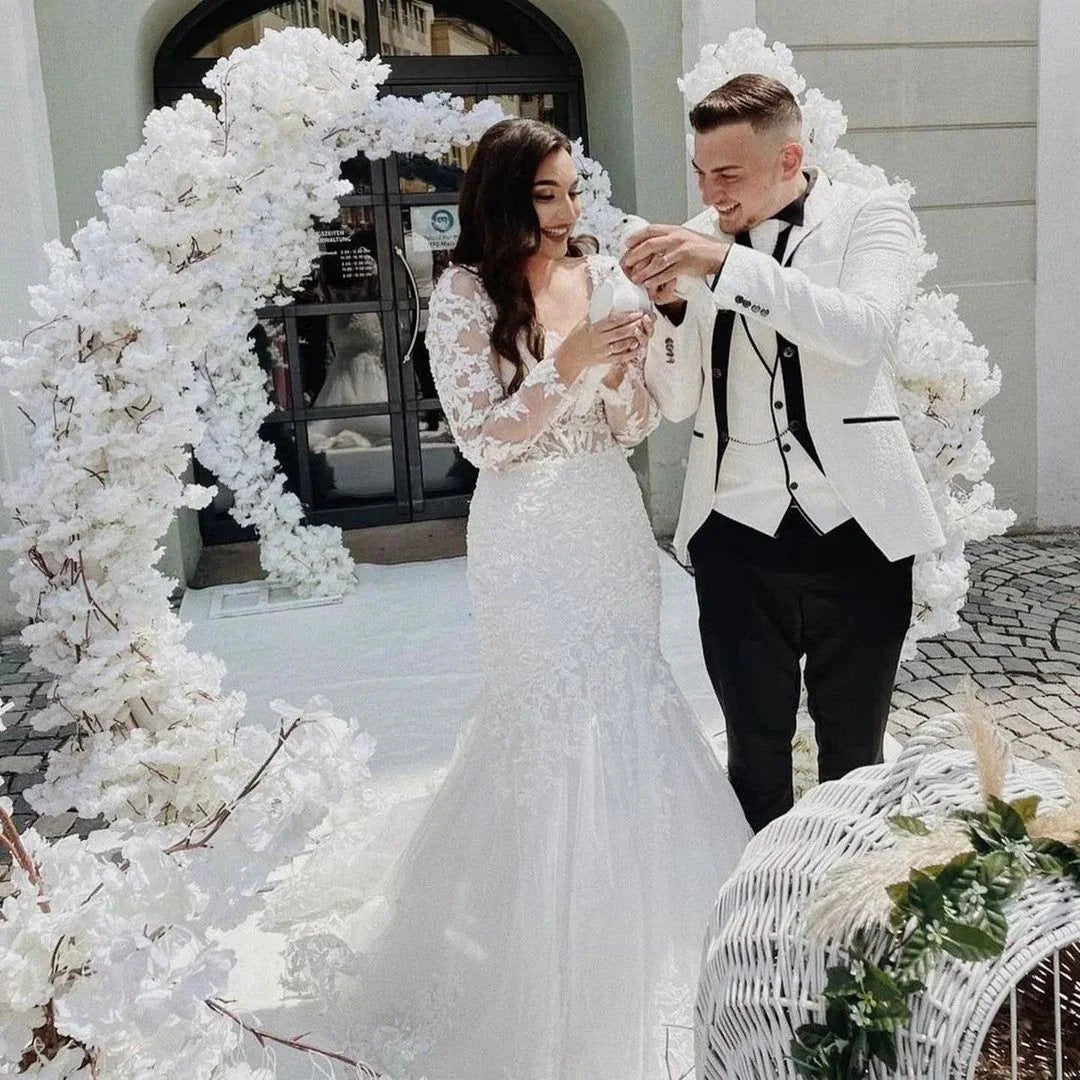 Elegant Long Mermaid Lace Open Back Wedding dresses with Sleeves by BIZTUNNEL