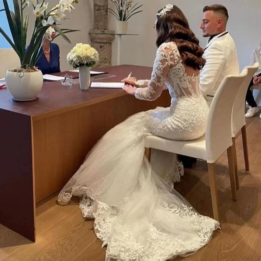Elegant Long Mermaid Lace Open Back Wedding dresses with Sleeves by BIZTUNNEL