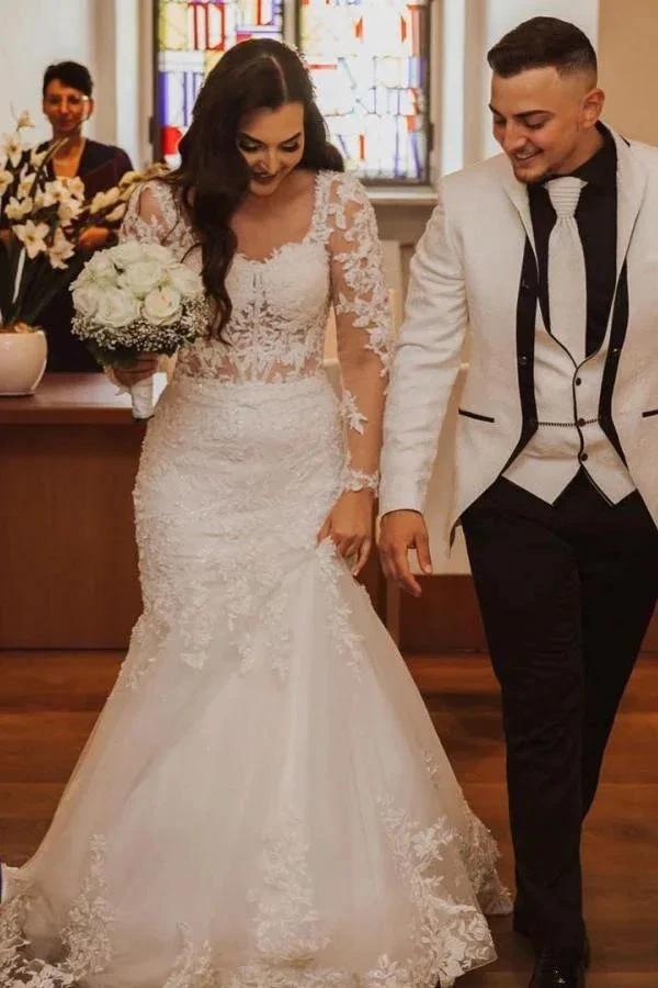 Elegant Long Mermaid Lace Open Back Wedding dresses with Sleeves by BIZTUNNEL
