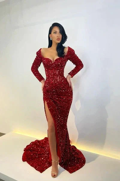 Elegant Long Mermaid Long Sleeves Sequined Prom Dress With Slit by misshow.com
