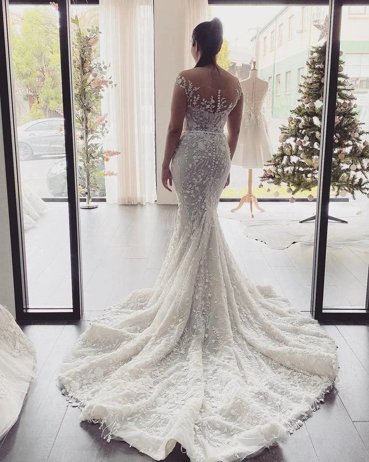 Elegant Long Mermaid Off-the-Shoulder Appliques Lace Backless Wedding Dress by BIZTUNNEL