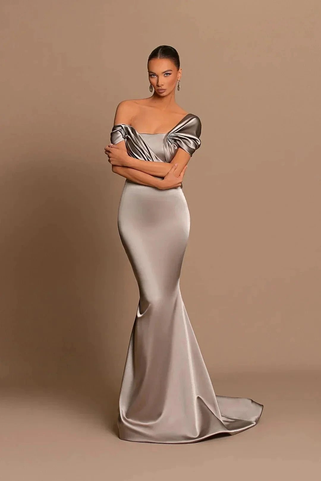 Elegant Long Mermaid Off-the-shoulder Satin Formal Prom Dresses by BIZTUNNEL