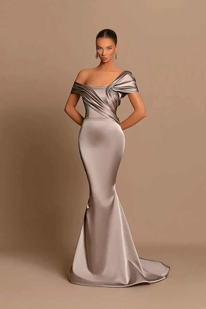 Elegant Long Mermaid Off-the-shoulder Satin Formal Prom Dresses by BIZTUNNEL