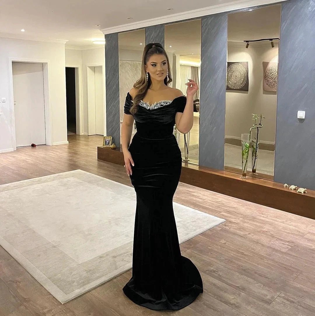 Elegant Long Mermaid Off the Shoulder Velvet Formal Prom Dresses with Sleeves by BIZTUNNEL