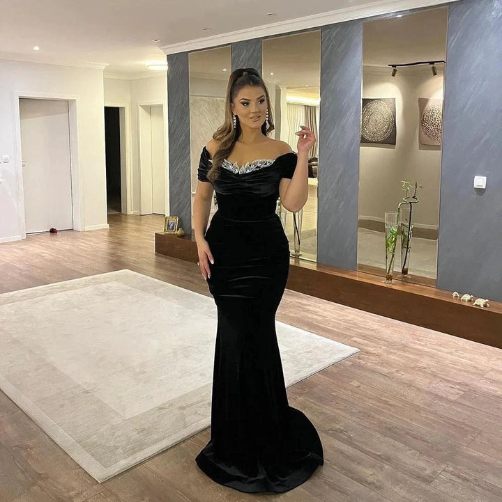 Elegant Long Mermaid Off the Shoulder Velvet Formal Prom Dresses with Sleeves by BIZTUNNEL