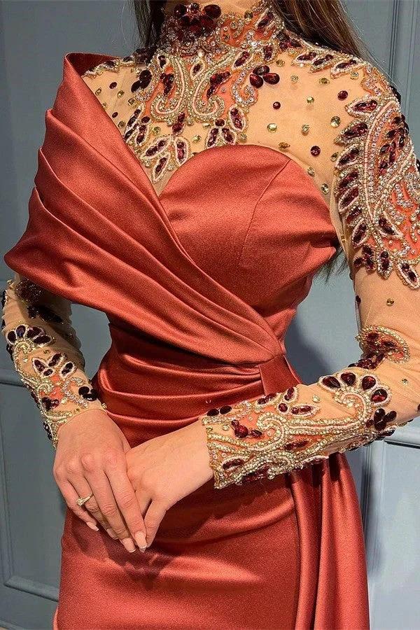 Elegant Long Mermaid One Shoulder Ruffles Satin Beading Lace Prom Dress with Sleeves by BIZTUNNEL