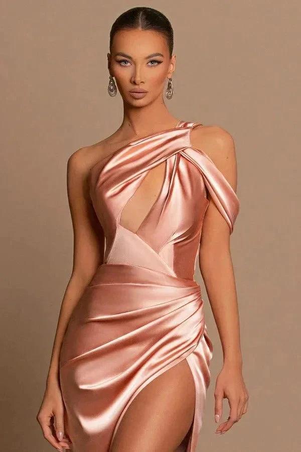 Elegant Long Mermaid One Shoulder Satin Formal Prom Dress With Slit by BIZTUNNEL