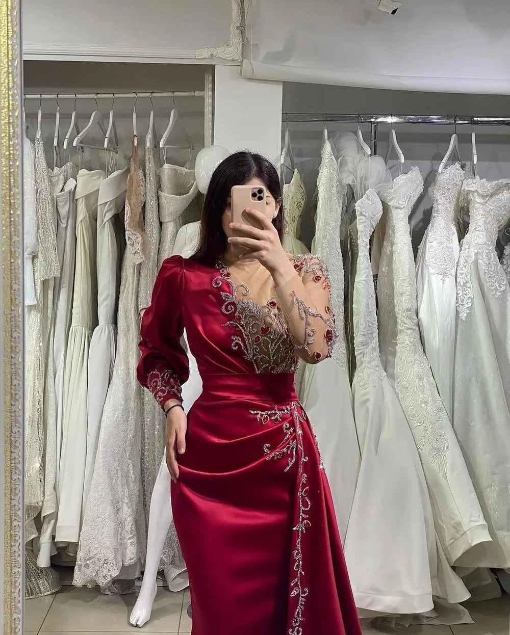 Elegant Long Mermaid Satin Burgundy Prom Dress with Sleeves by BIZTUNNEL