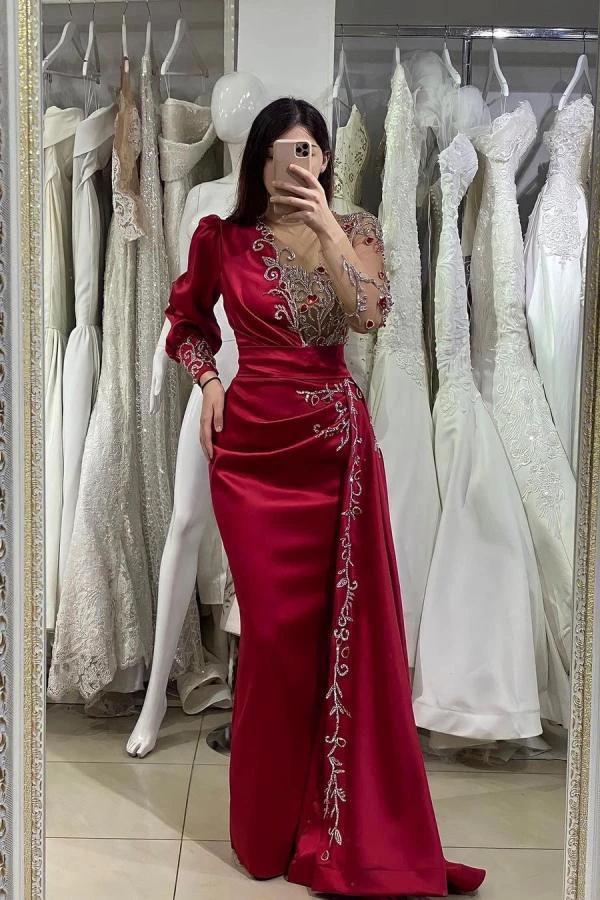 Elegant Long Mermaid Satin Burgundy Prom Dress with Sleeves by BIZTUNNEL