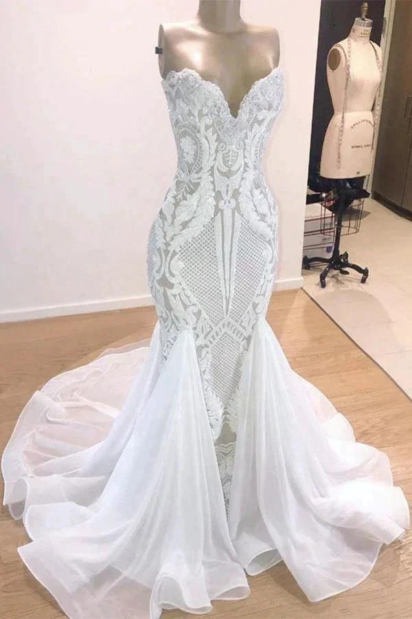 Elegant Long Mermaid Sweetheart Sequins Wedding Dress by BIZTUNNEL