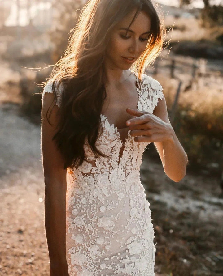 Elegant Long Mermaid Sweetheart Tulle Lace Backless Wedding Dress by BIZTUNNEL