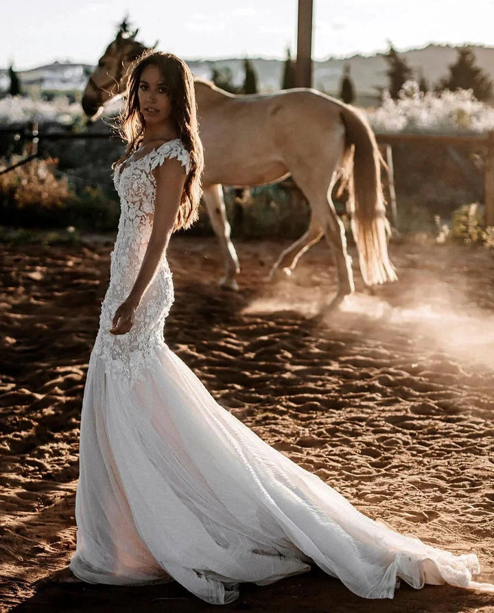 Elegant Long Mermaid Sweetheart Tulle Lace Backless Wedding Dress by BIZTUNNEL
