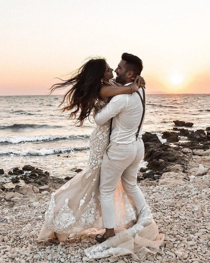 Elegant Long Mermaid V-neck Floral Lace Backless Wedding Dress by BIZTUNNEL