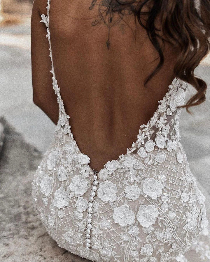 Elegant Long Mermaid V-neck Floral Lace Backless Wedding Dress by BIZTUNNEL
