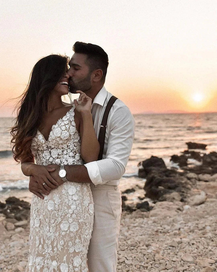 Elegant Long Mermaid V-neck Floral Lace Backless Wedding Dress by BIZTUNNEL