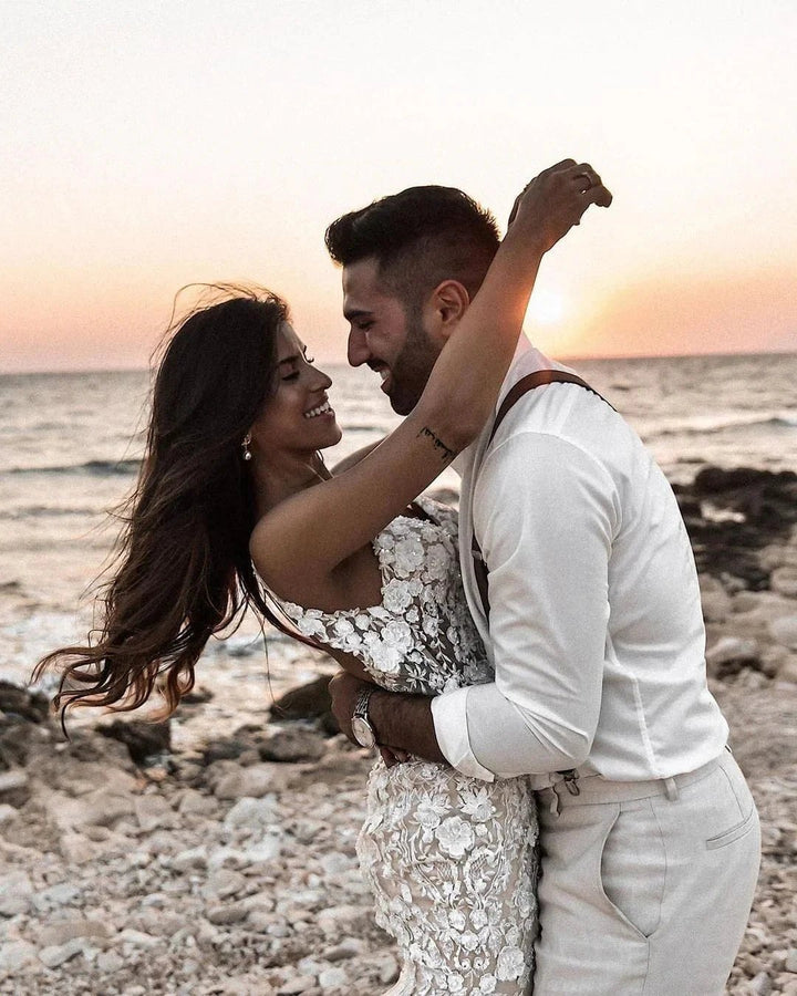 Elegant Long Mermaid V-neck Floral Lace Backless Wedding Dress by BIZTUNNEL