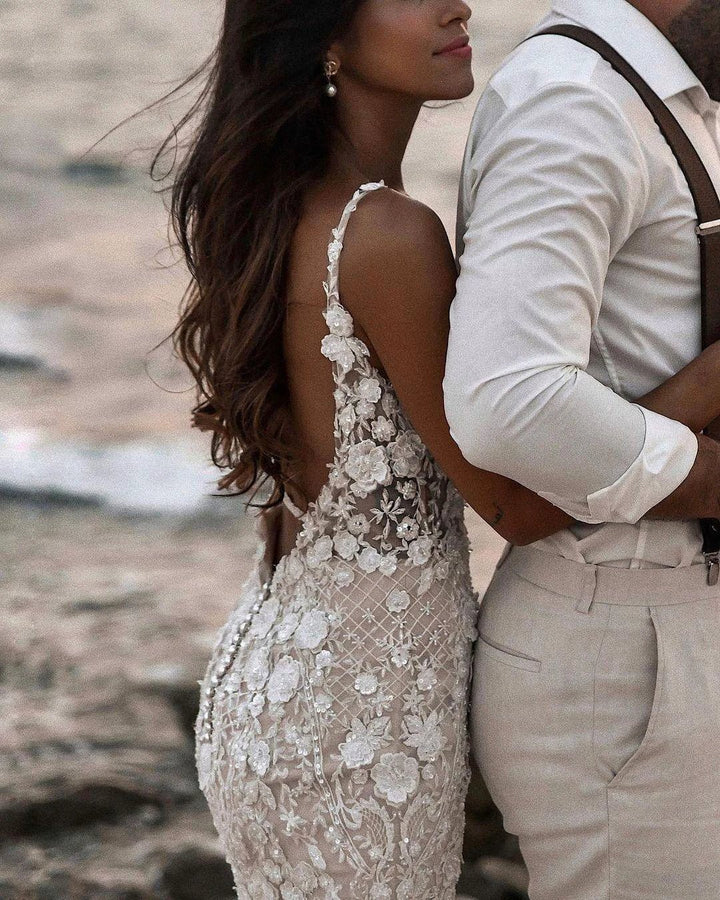 Elegant Long Mermaid V-neck Floral Lace Backless Wedding Dress by BIZTUNNEL