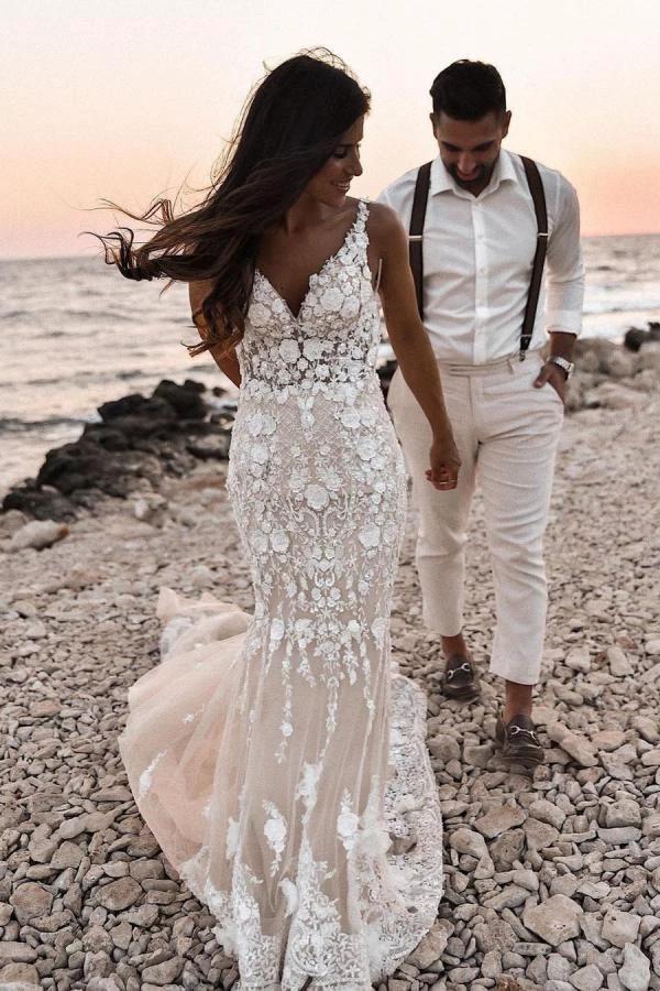 Elegant Long Mermaid V-neck Floral Lace Backless Wedding Dress by BIZTUNNEL
