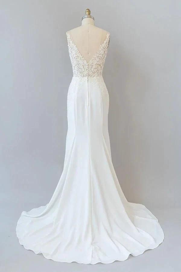 Elegant Long Mermaid V-neck Lace Backless Wedding Dress by BIZTUNNEL