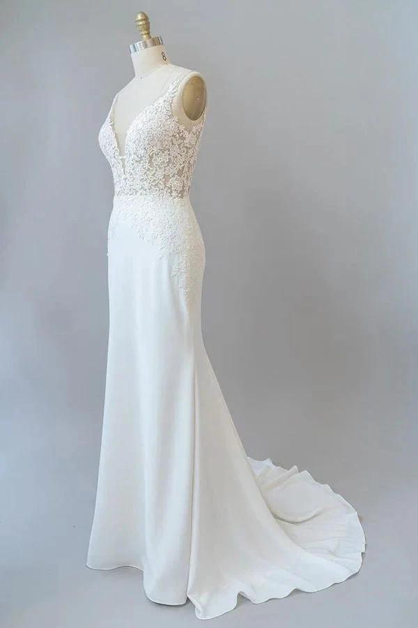 Elegant Long Mermaid V-neck Lace Backless Wedding Dress by BIZTUNNEL