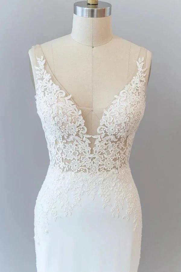 Elegant Long Mermaid V-neck Lace Backless Wedding Dress by BIZTUNNEL