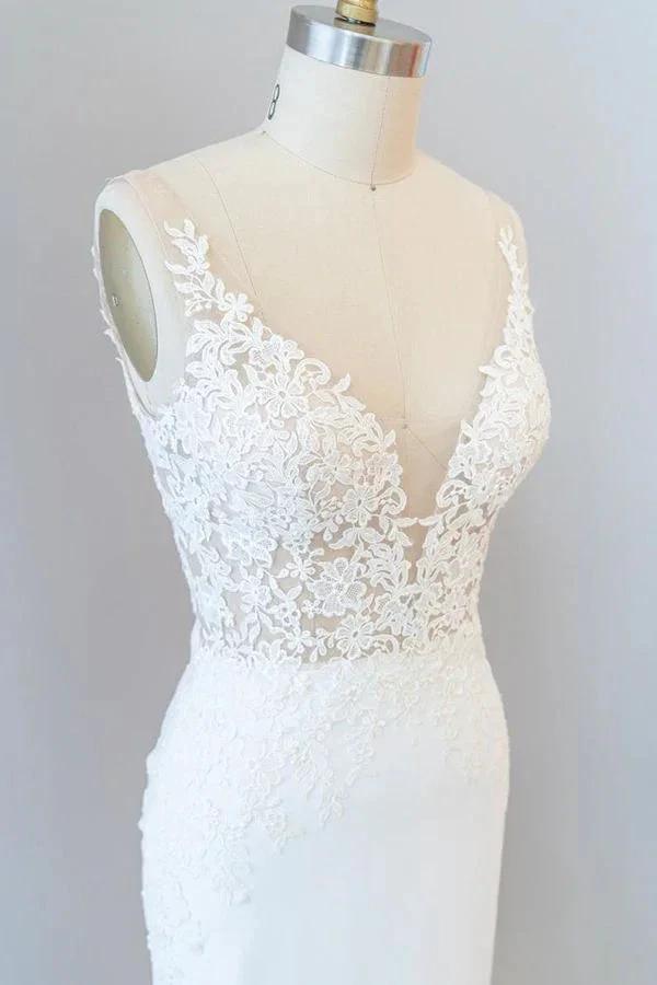 Elegant Long Mermaid V-neck Lace Backless Wedding Dress by BIZTUNNEL
