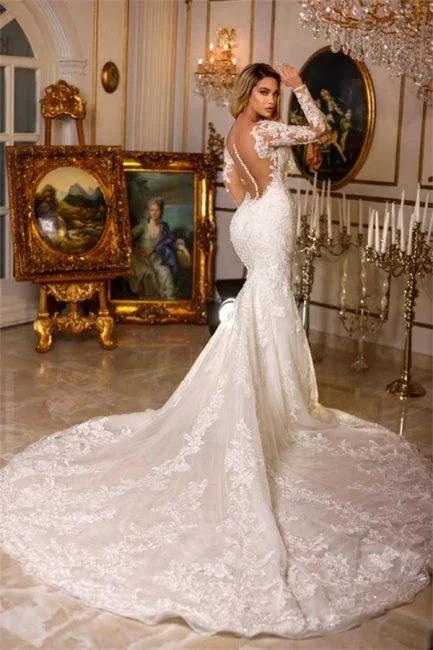 Elegant Long Mermaid V-neck Lace Wedding Dresses With Long Sleeves by misshow.com