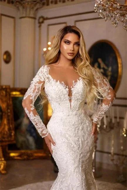 Elegant Long Mermaid V-neck Lace Wedding Dresses With Long Sleeves by misshow.com