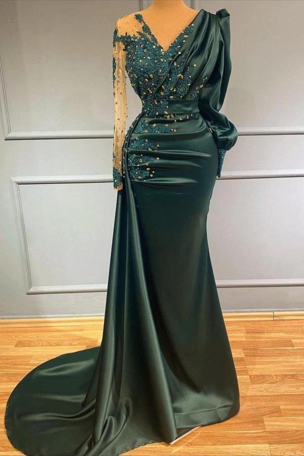 Elegant Long Mermaid V-neck Satin Dark Green Prom Dress by BIZTUNNEL