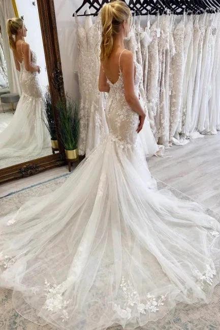 Elegant Long Mermaid V-neck Sleeveless Wedding Dresses With Lace by misshow.com