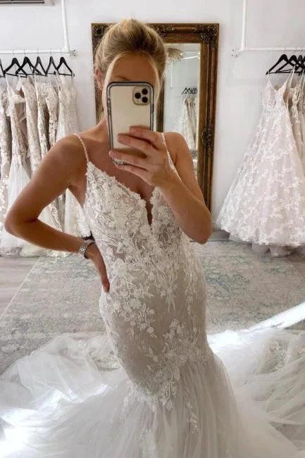 Elegant Long Mermaid V-neck Sleeveless Wedding Dresses With Lace by misshow.com