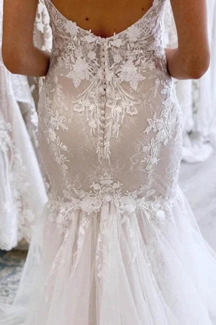 Elegant Long Mermaid V-neck Sleeveless Wedding Dresses With Lace by misshow.com