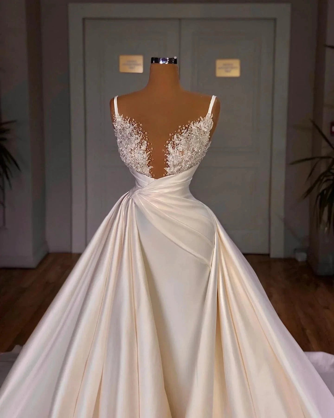Elegant Long Mermaid V-neck Spaghetti Strap Satin Lace Wedding Dress by BIZTUNNEL