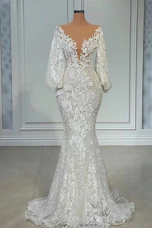 Elegant Long Mermaid V-neck Tulle Lace Wedding Dress with Sleeves by BIZTUNNEL