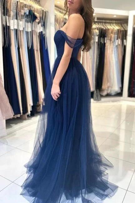 Elegant Long Navy Blue Off-the-shoulder A-line Sleeveless Prom Dresses by misshow.com