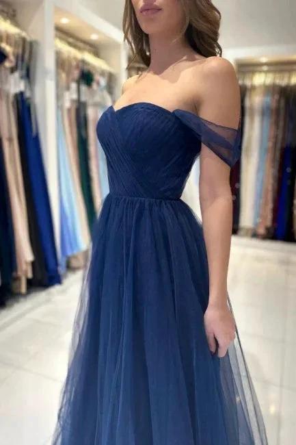Elegant Long Navy Blue Off-the-shoulder A-line Sleeveless Prom Dresses by misshow.com