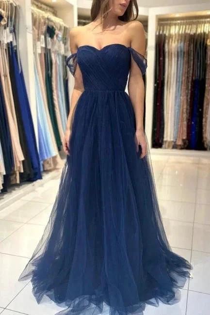 Elegant Long Navy Blue Off-the-shoulder A-line Sleeveless Prom Dresses by misshow.com